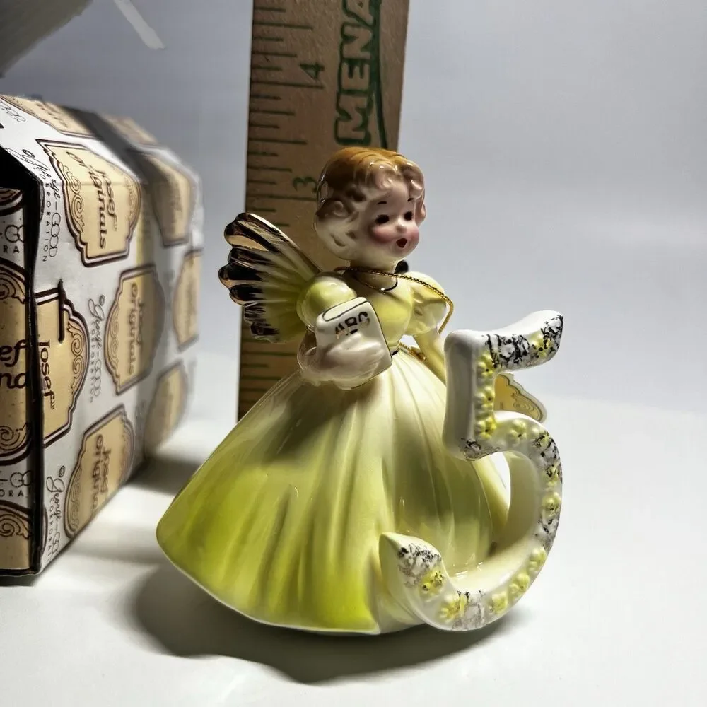 Josef Originals Birthday Girl Angel Age 5 Fifth Year ABC Book Figurine Box Tag